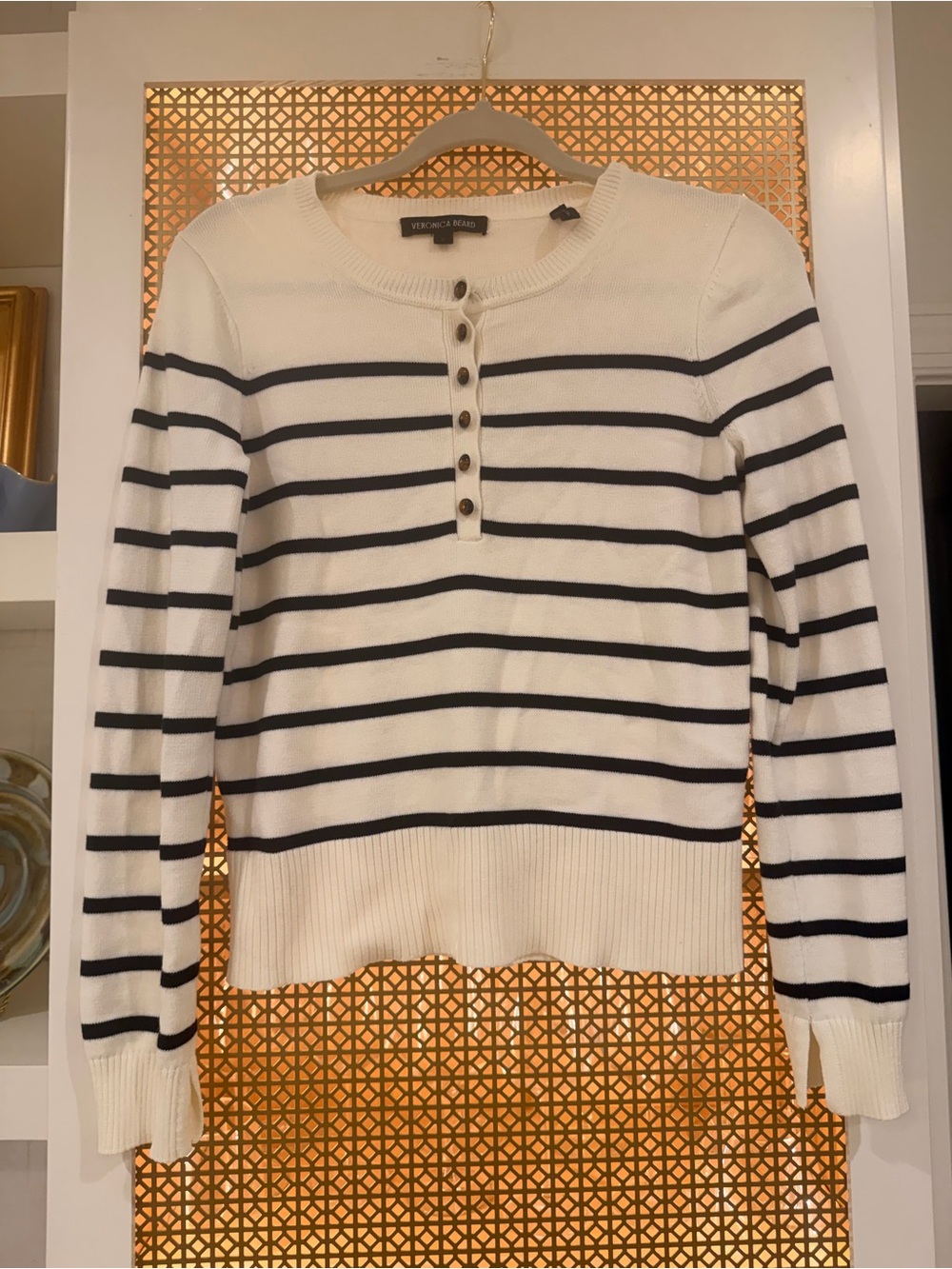 Veronica Beard Cream and Black Striped Henley Sweater! Small!